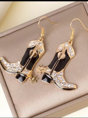 Gold-tone Black Cowboy Boot Earrings with Crystal Accents